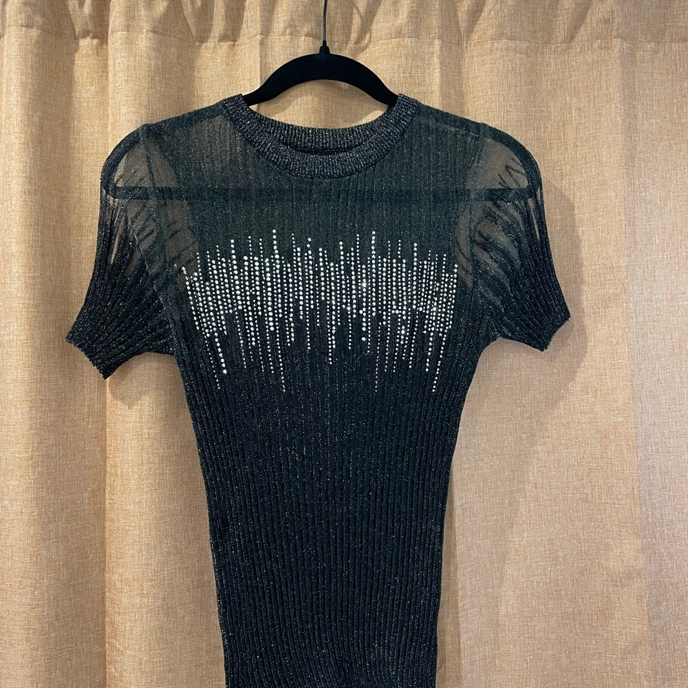 Sparkly Black Sheer Knit Top with Silver Rhinestone Accents